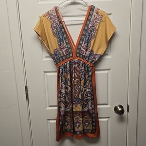 Forever 21 Yellow Paisley V-Neck Mini Dress with Orange Trim